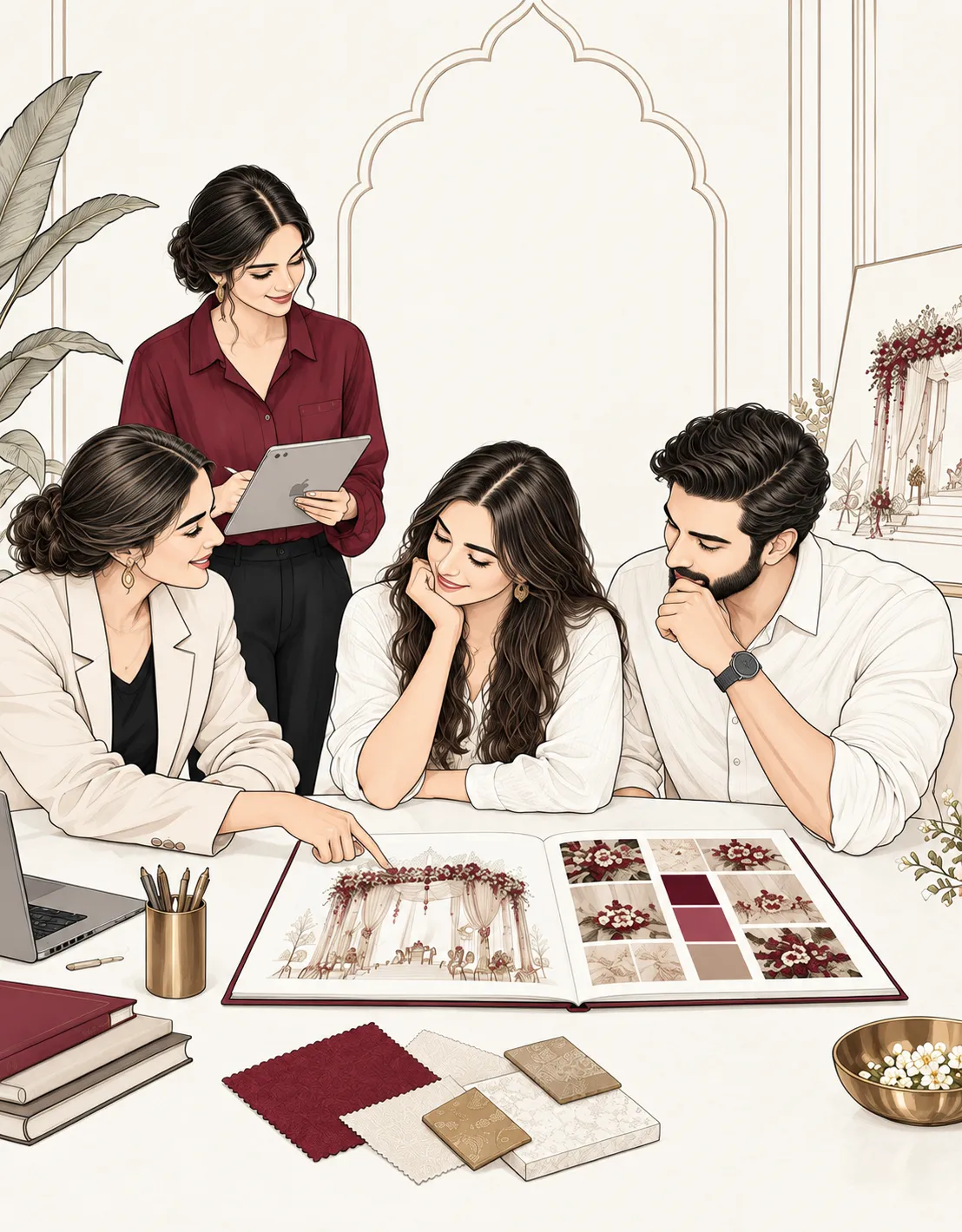 A couple planning their wedding with a planner