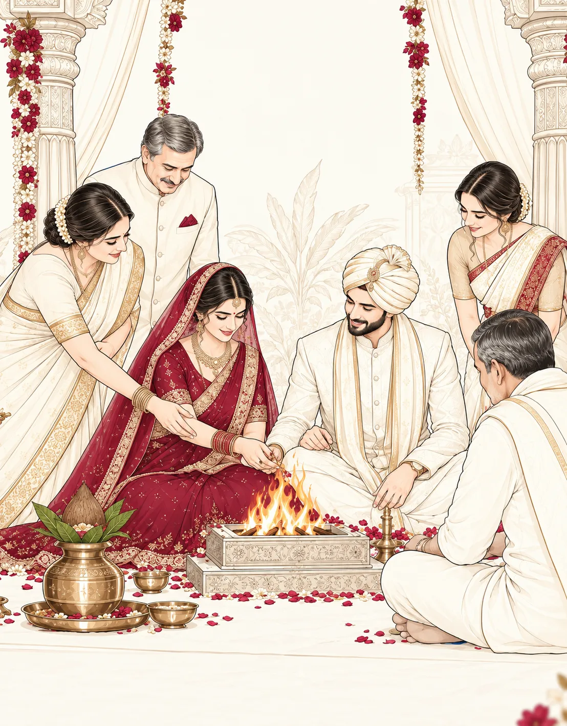 A decorated mandap with drapes and florals